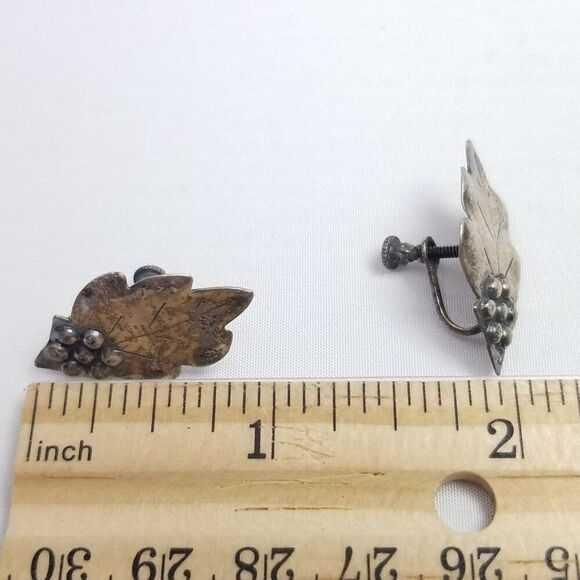 Vintage Sterling Silver Clip On Screw Back Earrings, Leaf Flower Berry Design - Picture 5 of 7
